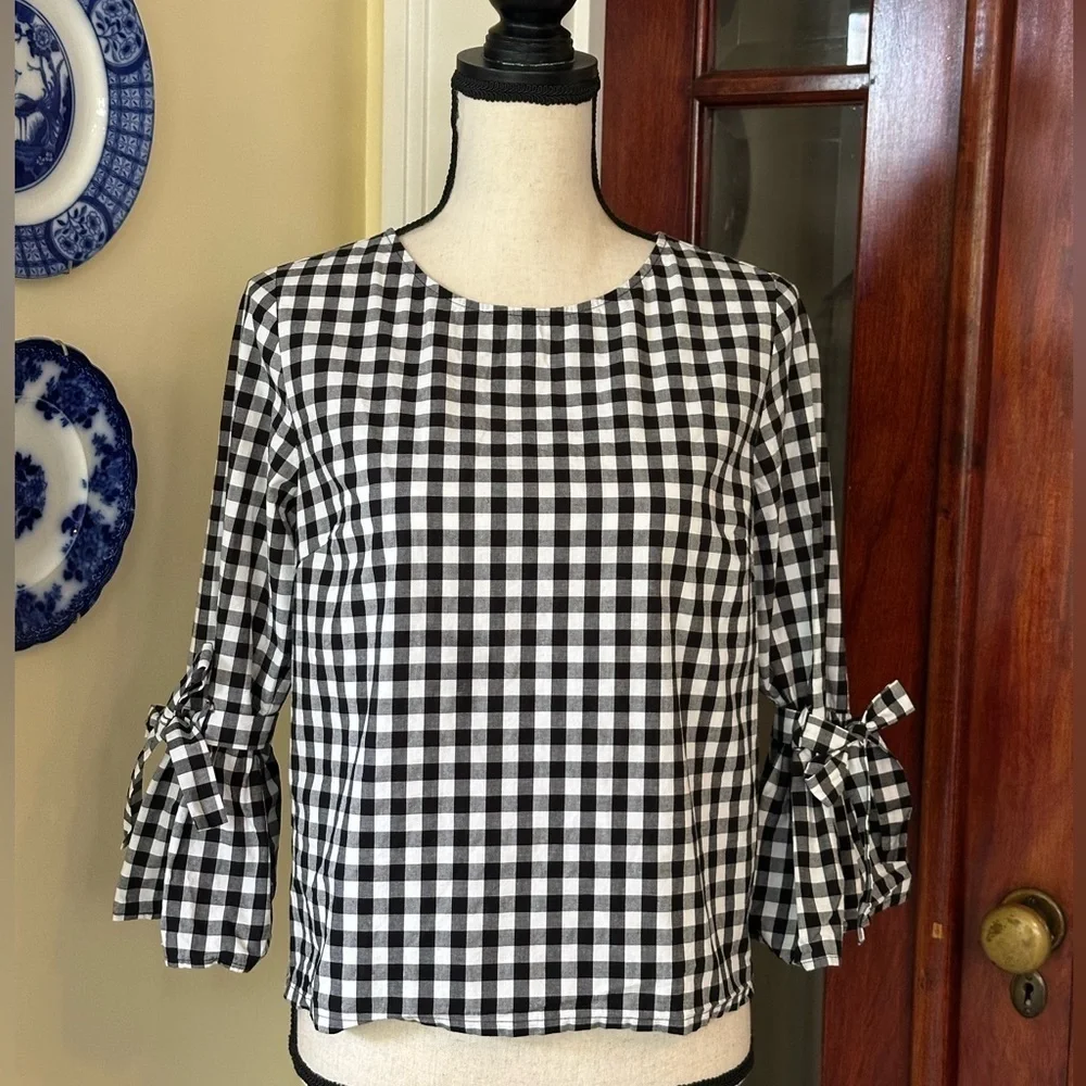 Jack by BB Dakota | “Seen It All” Black & White Gingham Top, Tie Sleeves, Size S